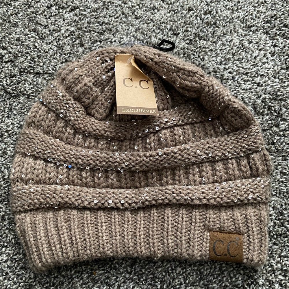 C.C Taupe Knit Beanie with Sequins